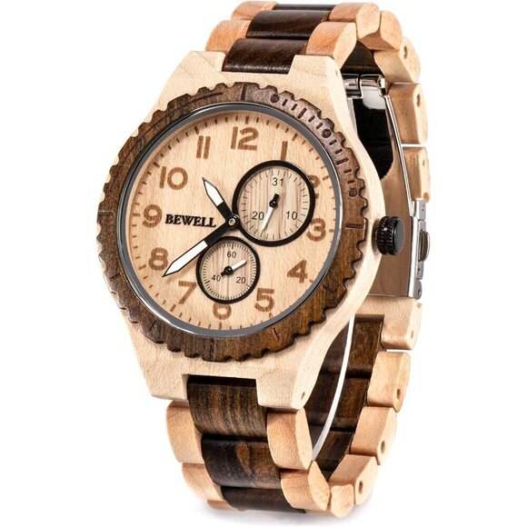 ✨ Bewell Analog Quartz Men Brown Retro Handcraft Lightweight Wooden Wristwatch - Picture 1 of 6